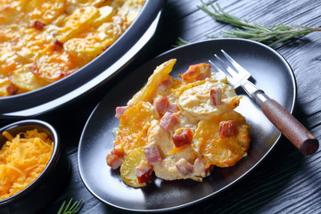 close-up of a delicious, cheesy, potato casserole