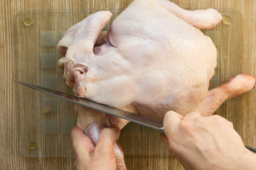 Woman hands cutting off wing with knife from raw body chicken on glass cutting board on wooden background