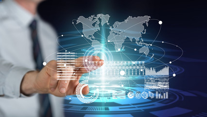 Man touching a global business digital interface concept