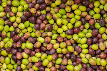 Bunch of fresh multicolored olives.