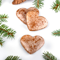 Christmas gingerbread with tree sprig izolated on white background