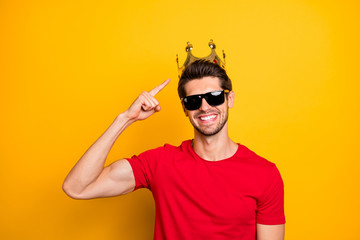 Look i best. Positive cheerful guy enjoy fun prom party event win gold tiara point index finger...