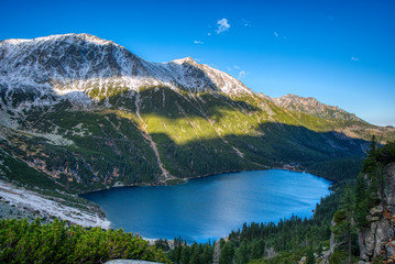 Beautiful view of lake with high mountains around , Poland Morskie Oko , High Tatras