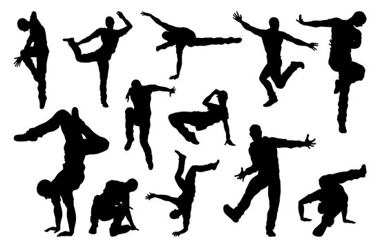 A set of male street dance hip hop dancers in silhouette