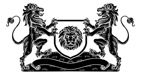 A lion heraldic coat of arms shield crest emblem in a vintage retro woodcut style © Christos Georghiou