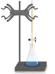 setup of titration acid-base called standardisation consisted of erlenmeyer flask buret metal stand and clamp.