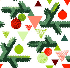 Christmas tree branches and balls seamless pattern. New Year flat style vector illustration.