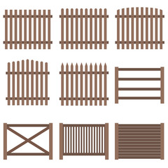 Fence, a set of wooden fence brown. Flat design