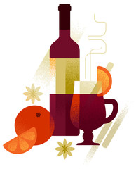 Mulled wine. Bottle and glass full of hot red wine, decorated with orange slices and spices. Trendy flat style vector illustration. Decorative composition for winter seasonal design