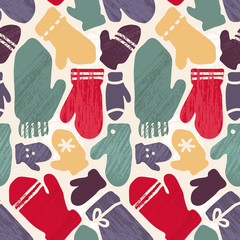 Colorful seamless pattern with winter mittens. Retro doodle style. Background design for Christmas or New Year seasonal greeting cards and gifts wrapping paper