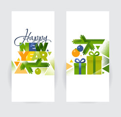 New Year compositions with christmas tree branch, balls and gift boxes. Flat style vector illustration. Greeting card, invitation or banner template