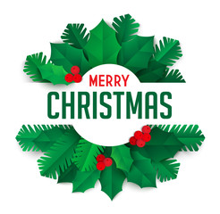 Christmas composition with green spruce branches, holly leaves and berries on white background. Banner, invitation or greeting card template in paper art style. Vector illustration