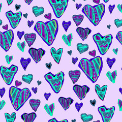Seamless pattern with hearts, childish style, childish drawing, naive. Line markers, cheerful design. Design for wallpaper, wrapping paper, fabric, textile, baby clothes.
