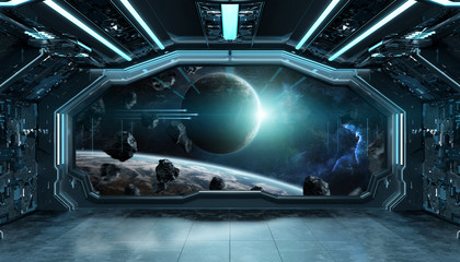 Dark blue spaceship futuristic interior with window view on space and planets 3d rendering © sdecoret