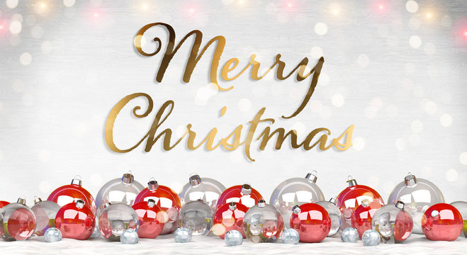 Christmas card greetings with red and silver christmas baubles 3D rendering