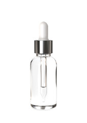 Clear Glass Cosmetic or Medicine Dropper Bottle with Metallic Cap. 3D rendered Mock Up Isolated on White Background.