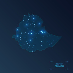 Obraz premium Ethiopia map with cities. Luminous dots - neon lights on dark background. Vector illustration.