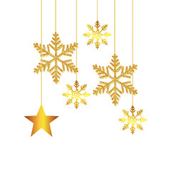 snowflakes with star golden of christmas hanging vector illustration design
