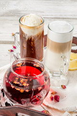 Drinks tea, coffee glasse, latte shot closeup