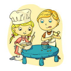 Happy girl and boy cooking together flat cartoon