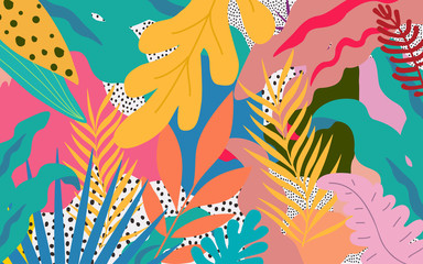 Fototapeta na wymiar Colorful flowers and leaves poster background vector illustration. Exotic plants, branches, flowers and leaves art print for beauty, fashion and natural products, spa and wellness, wedding and events 