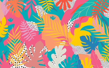 Colorful flowers and leaves poster background vector illustration. Exotic plants, branches, flowers and leaves art print for beauty, fashion and natural products, spa and wellness, wedding and events 