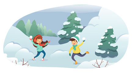 Children playing snowballs cartoon illustration. Kids having fun. Boy and girl throwing snowballs vector characters. Winter entertainment, outdoor activity, leisure, active rest concept.