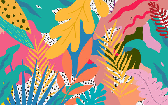 Colorful flowers and leaves poster background vector illustration. Exotic plants, branches, flowers and leaves art print for beauty, fashion and natural products, spa and wellness, wedding and events 