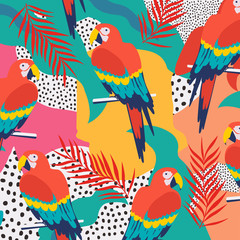 Colorful flowers and leaves poster background with parrots vector illustration design. Exotic tropical plants art print for travel and holiday, fashion, spa and wellness, wedding and events