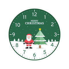 Christmas concept printable clock face template isolated on white background, Santa Claus stand on the snowy ground with Christmas tree.