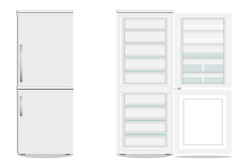 Refrigerator with freezer. Open and closed fridge. Icon refrigerator. Vector illustration.