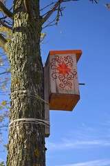 bright birdhouse tied to a tree trunk