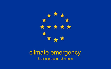 European Parliament declares symbolic Climate Emergency. 3D illustration concerning the concept of global warming. The letter E with the stars of the EU. Official colors of the flag.