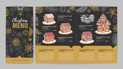 Christmas menu design with sweet gingerbread house and cupcakes. Christmas decorations