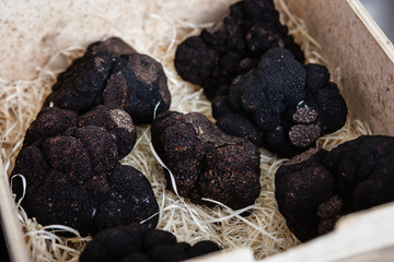 Viele schwarze Trüffel in einer Kiste