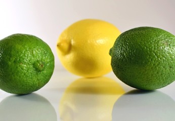 lime and lemon on a light reflective surface
