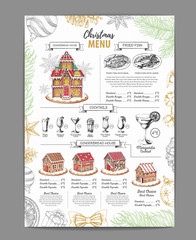 Christmas menu design with sweet gingerbread house and christmas cocktails