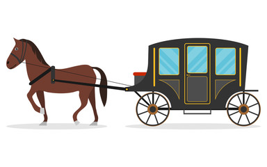 Old carriage with a horse, a horse pulls a carriage behind him. Vector illustration