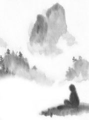 Meditator in the mountains. Man in the lotus position. Ink graphics. Chinese, japanese, oriental style. Gohua, sumi, zen, meditation, nature health.