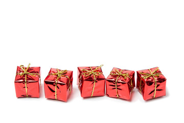 Five red gift boxes on a white isolated background. Design elements for New Year and Christmas.