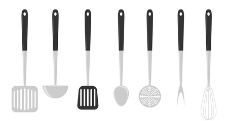 Kitchen stainless steel tools realistic set with cooking fork slotted. Set Kitchen Utensils. cooking tools flat style. Cook equipment isolated objects.