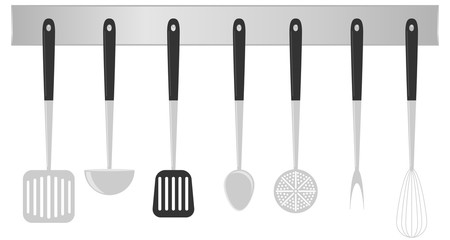 Kitchen stainless steel tools realistic set with cooking fork slotted. Set Kitchen Utensils. cooking tools flat style. Cook equipment isolated objects.