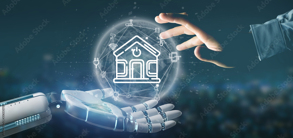Poster cyborg holding smart home interface with icon, stats and data 3d rendering
