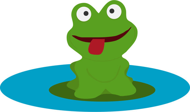 A cartoon frog. The green frog sits on a water lily.