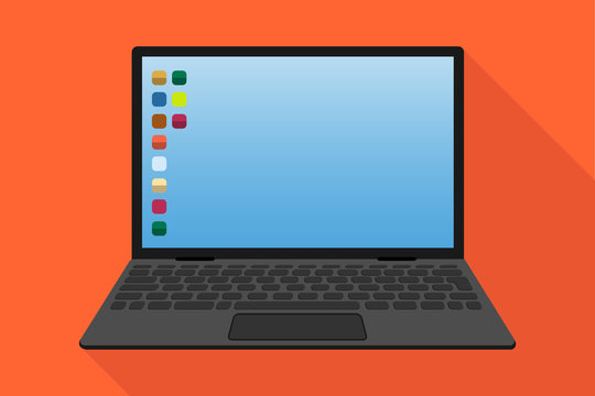 Laptop, realistic laptop with screen saver and application icons. Vector illustration.