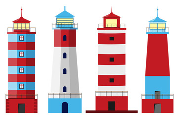 Lighthouse, Set of lighthouses, path lighting. Big set flat lighthouses isolated. Vector