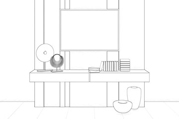 Sketch of modern interior with a stand with decor and a picture. Front view. 3d render