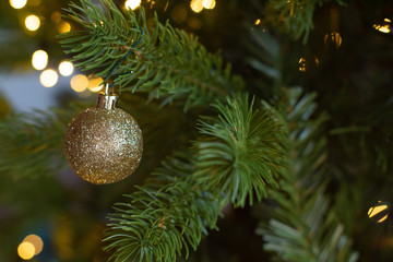Goldene glitzernde Christbaumkugel im Weihnachtsbaum hängend