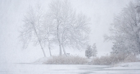 Obraz na płótnie Canvas Lake in winter during in snowfall, Soderica, Croatia