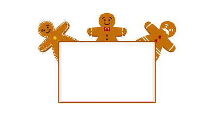 Cute cartoon gingerbread men with empty, blank card, background for winter holidays, christmas party.